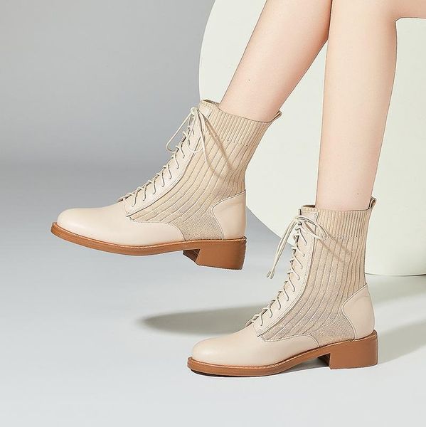 

boots genuine leather + polyester booties woman med square heels shoes black apricot fashion autumn winter round toe women ankle