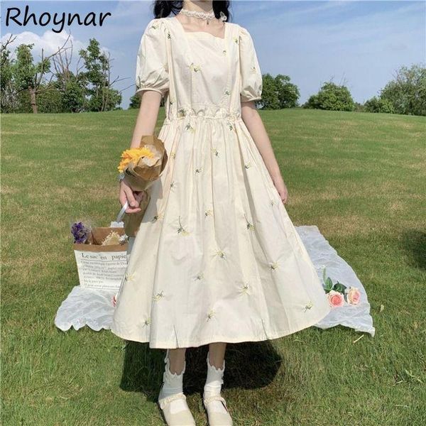 

casual dresses dress women college floral puff sleeve summer preppy sweet japanese a-line chic cute mid-calf harajuku design tender elegant, Black;gray