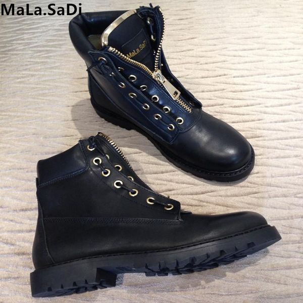 

boots fashion women metal zipper wool fur warm ankle motorcyc full grain leather round toe short flats shoes, Black