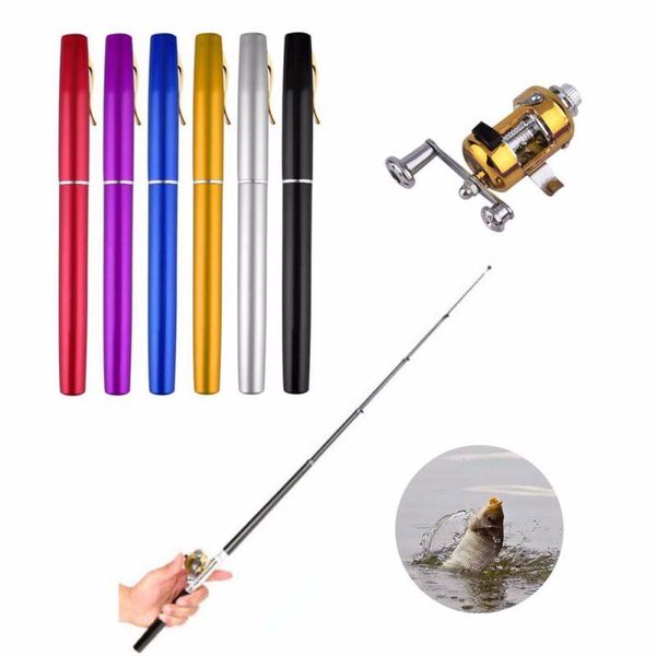 

portable mini fishing rod pocket pole pen shape aluminum alloy folded river lake with reel wheel boat rods