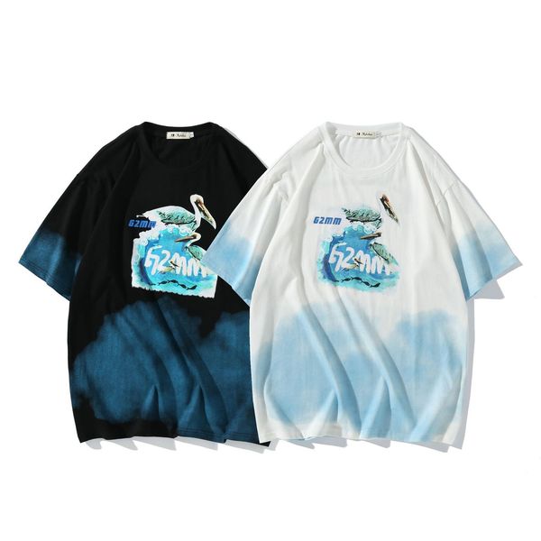 

fashion t shirt chao brand 2021 summer chinese style men's seagull gradient printing loose short sleeve women's, White;black