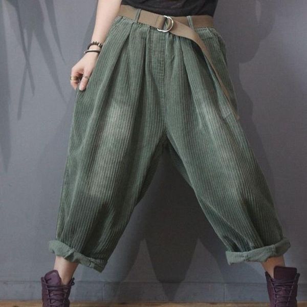 

women's pants & capris autumn winter fashion women elastic waist harem 100% cotton corduroy vintage loose casual female trousers, Black;white