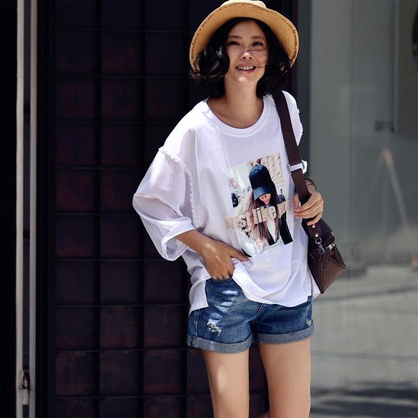 

women's t-shirt micoco t2192c fashion versatile beaded print chiffon patchwork 5 minute sleeve round neck art blouse, White