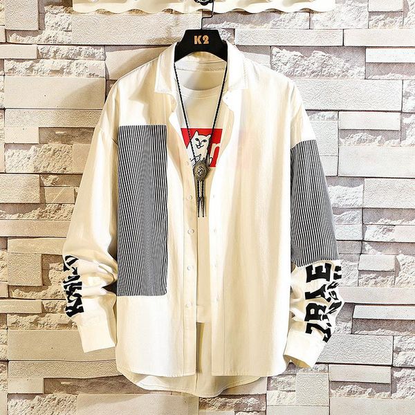 

men's casual shirts #0190 cotton letter print mens long sleeve plus size 5xl black white lapel collar harajuku japanese streetwear, White;black