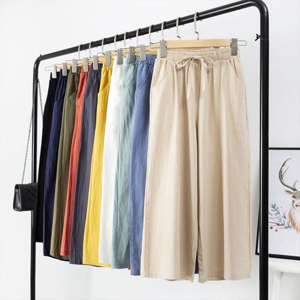 

spring summer wide leg womens capri cotton linen calf length casual loose solid straight soft, Black;white