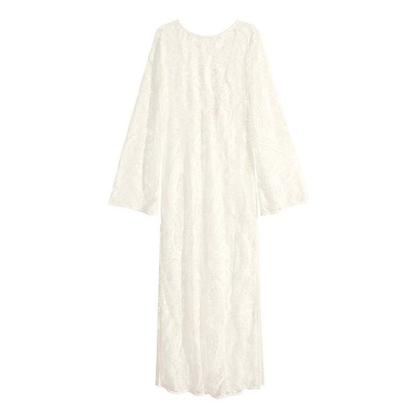 

casual dresses perspective lace deep v open back dress flared sleeve slit, Black;gray