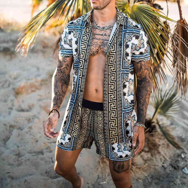 

men's tracksuits 2021 european summer american print shirt casual beach suit male fashion dry short sleeve + legal shorts cl, Gray