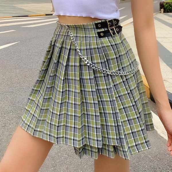 

skirts female casual summer skirt goth harajuku high waist plaid women streetwear gothic punk patckwork mini, Black