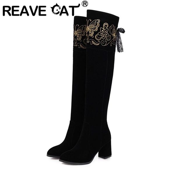 

boots reave cat over knee high lady pointed toe block heels flock zipper ribbons flora big size 33-43 black elegant winter s2691