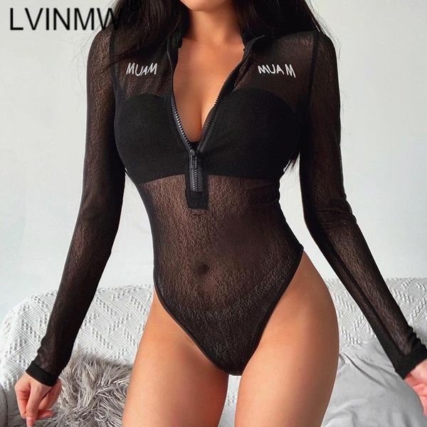 

women's jumpsuits & rompers lvinmw letter print front zipper see through long sleeve round neck bodycon 2021 summer women fashion b, Black;white