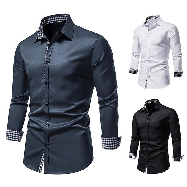 

men's casual shirts long-sleeved fashion button shirts, solid color business slim-fit formal, White;black