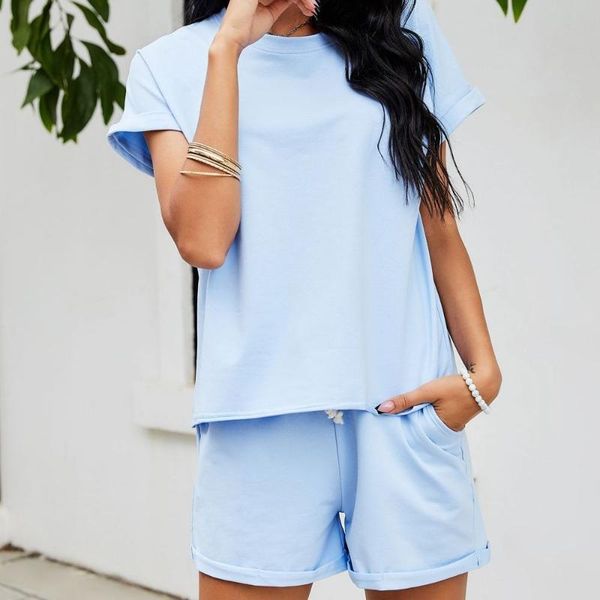 

women's tracksuits home clothes suit loose short sleeve drawstring shorts 2 piece set female fashion casual sport suits ladies, Gray