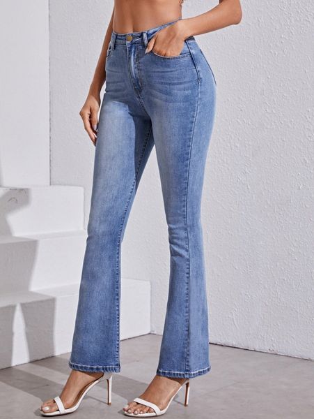 

bleach wash high-rise flare leg jeans u9sz#, Blue