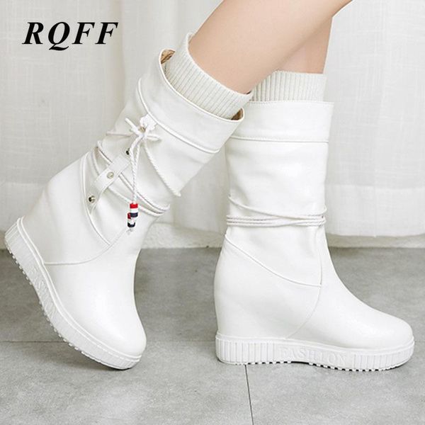

boots 2021 winter height increasing ankle women big size 42 43 fashion flat with heel snow shoes woman cross-tied platform, Black