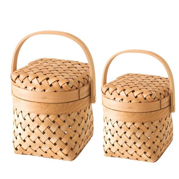 

storage baskets japan style hand-woven wooden bread fruit egg sundries basket picnic with lid party gift box