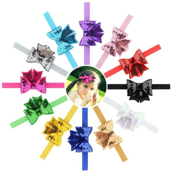 

2.75 inch 12 colors lovely mini embroideried sequin bows headband elastic hair bands tie for kids girls accessories 782, Slivery;white