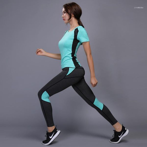 Lauf-Sets Frauen Kompression Anzüge Sportswear Weibliche Übung Sport Gym Leggings + Kurzarm Yoga Kleidung Jogging