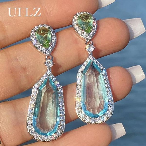 

dangle & chandelier luxury big crystal long hanging drop earrings for women elegant blue/green cubic zirconia lady party fashion jewelry, Silver