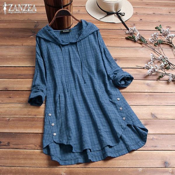 

plus size tunic women's irregular blouse zanzea 2021 stylish check casual long sleeve shirts female autumn blusas 5xl blouses &, White