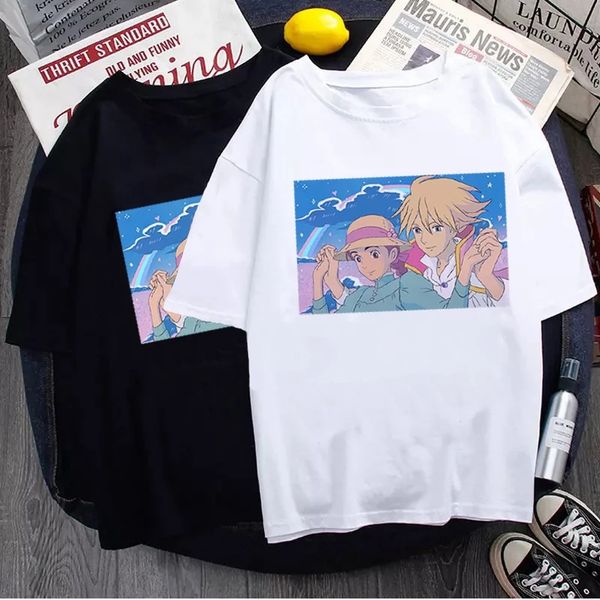 

japanese anime harajuku cute cartoon ulzzang women t shirt ghibli female retro vegan howl's moving castle punk print pink short sleeve, White