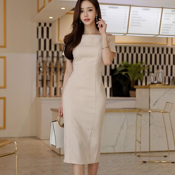 

brief style slash neck sleeveless women dresses office elegant midi pencil summer vestidos femme, Black;gray