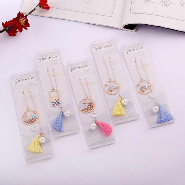

2pc kawaii great rivers and mountains bookmark cute pearl tassel metal accessories book mark page folder office school supplies