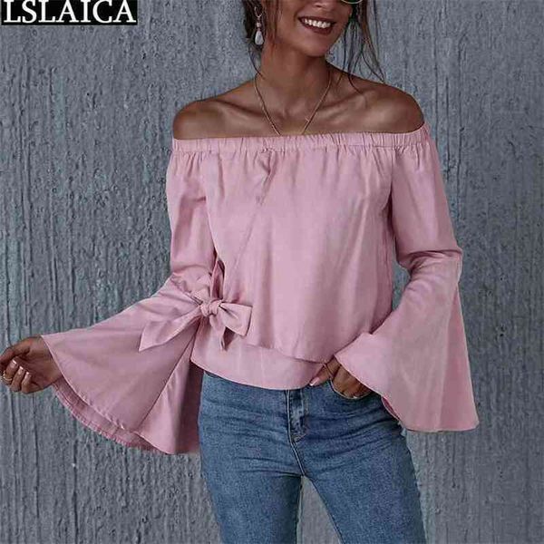 

flare sleeve slash neck women off the shoulder fashion pink blouse streetwear office party casual lacing up 210515, White