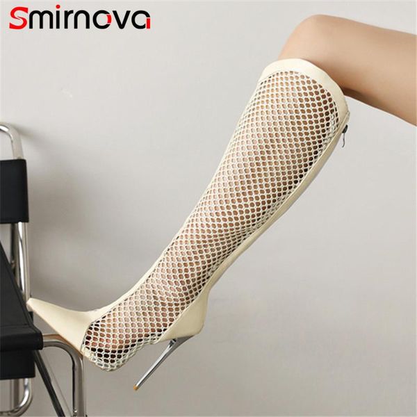 

smeeroon 2021 summer mesh boots women thin high heels casual nightclub shoes pointed toe zip fashion knee, Black