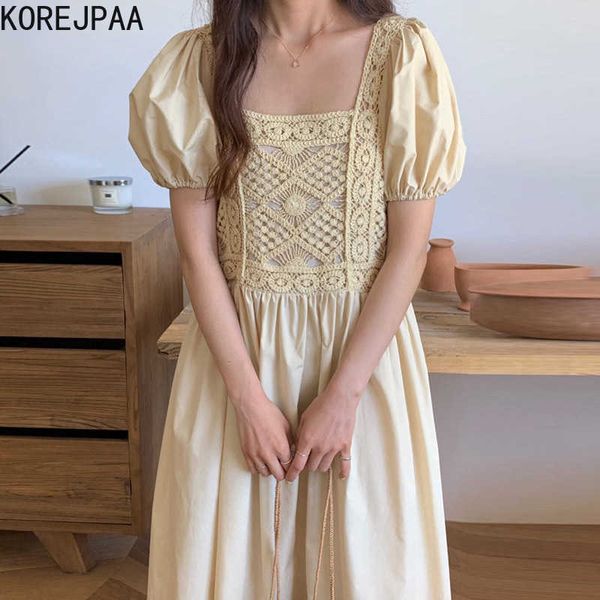 Korejpaa Frauen Kleid Sommer Koreanische Elegante Sanfte Quadrat Kragen Spitze Häkeln Nähen Design Lose Blase Hülse Vestido 210526