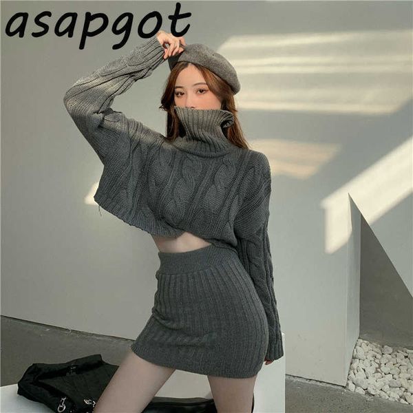 

loose short long sleeve grey turtleneck knitted sweaters retro high waist knit skirts casual wild black 2 pieces sets 210610, White