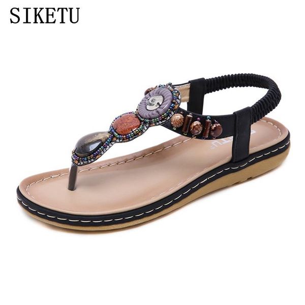 

summer women's flip-flop sandals bohemia style pu soft leather comfortable beach shoes low heel flat women, Black
