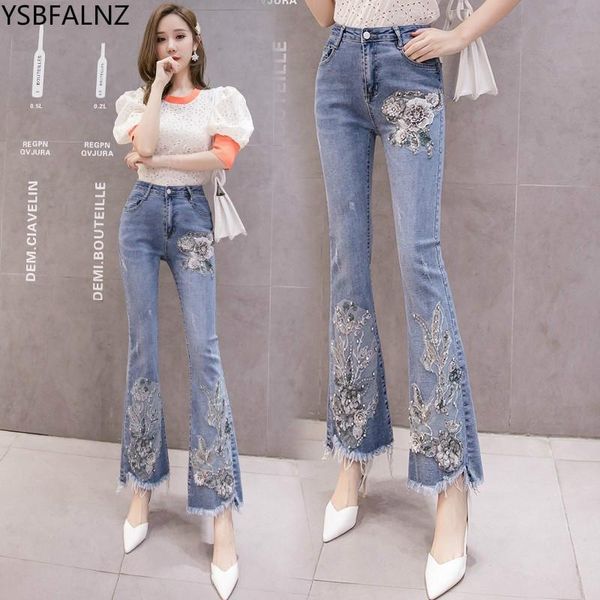 

women's jeans elastic high waist flare pants women fashion 3d flower embroidery denim long trousers ladies appliques casual pearls blue