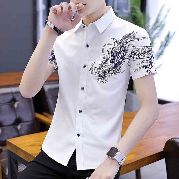 

2021 summer new youth shirt short sleeve slim fit korean fashion handsome men's printing inch lining, White;black