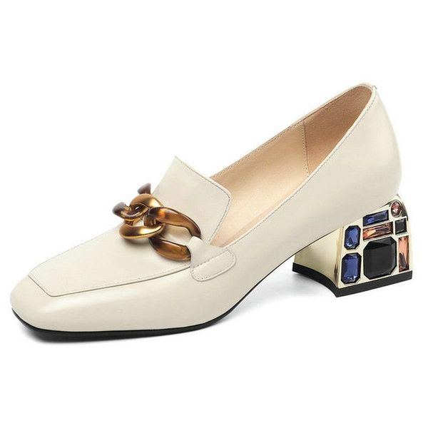 

dress shoes fashion women pumps spring summer chain high heels party woman genuine leather female brand prom loafers, Black