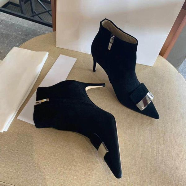 

boots design women's genuine suede leather pointed toe ankle winter high heels woman, Black