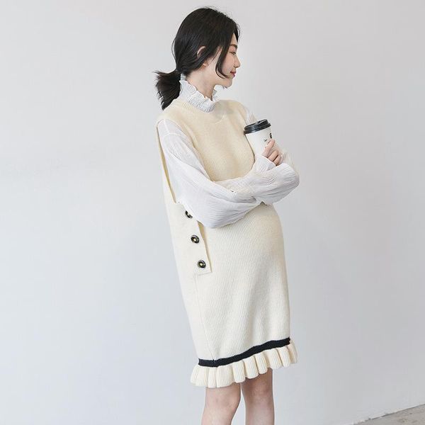 

autumn and winter maternity wear vest sweater knit pullover plus size korean style long dresses, White