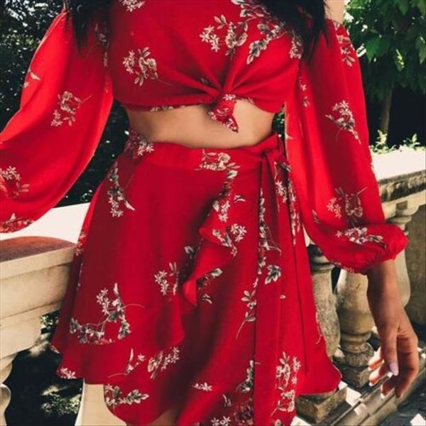 

2 piece bodycon womens tracksuits off shoulder slash neck floral crop and skirt set bandage dress summer party red, Gray