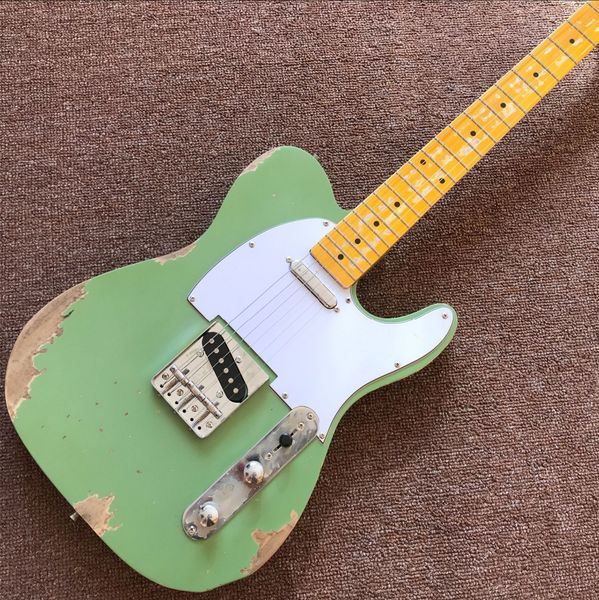 

custom shop,tele 6 strings maple fingerboard electric guitar,green color gitaar relics by hands guitarra