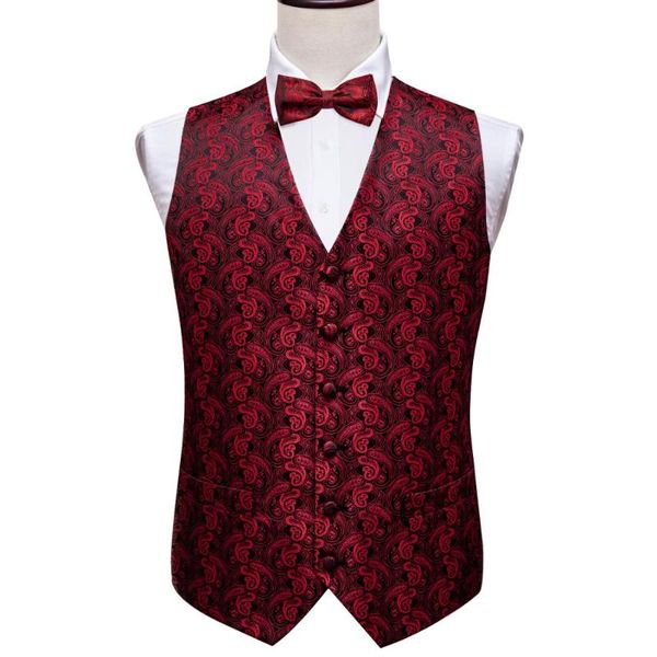 

men's vests men silk suit vest red formal waistcoat paisley bowtie set cufflinks handkerchief for tuxedo business barry.wang ml-2001, Black;white