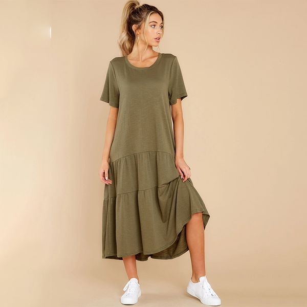 

women ruffles solid round neck summer sundress spring casual short sleeve holiday vesdtidos female robe beach long dresses 210416, Black;gray