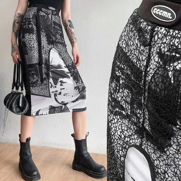 

skirts high-waisted skirt midi straight bodycon elastics gauze lace patchwork print streetwear gothic clothes women's 2021 summer, Black