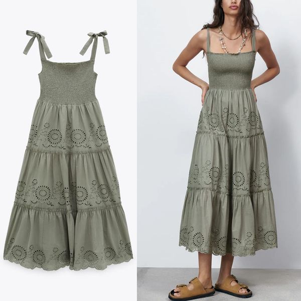 

dresses embroidery summer women vintage smocked elastic sleeveless openwork party es embroidered pleated midi, Black;gray