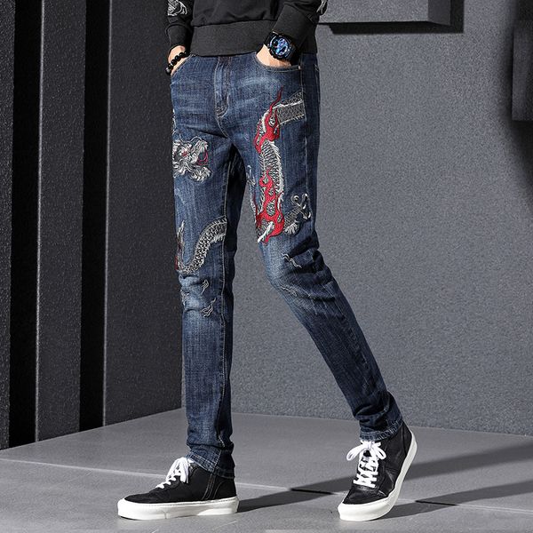 

men's chinese dragon embroidery jeans fashion embroidered slim straight stretch denim pants trousers, Blue