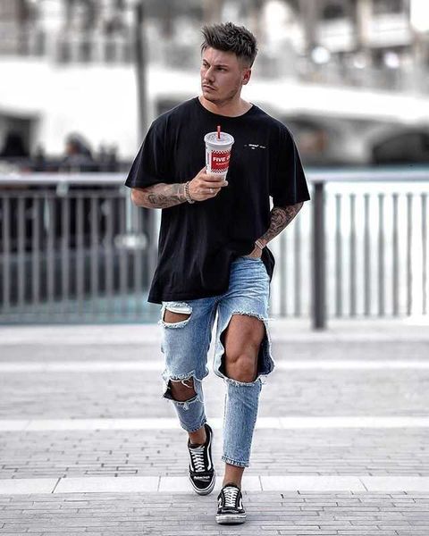 

men's jeans jeans streetwear hip hop knee ripped men skinny beggar destroyed hole cotton male biker casual blue denim joggers 0ws5