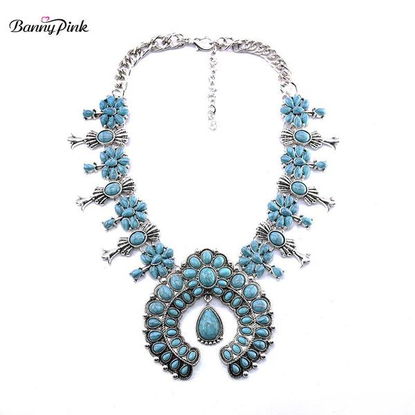 

banny pink bohemia turquoises necklace for women ethnic stone cluster statement choker big pendant colar collier chains, Silver