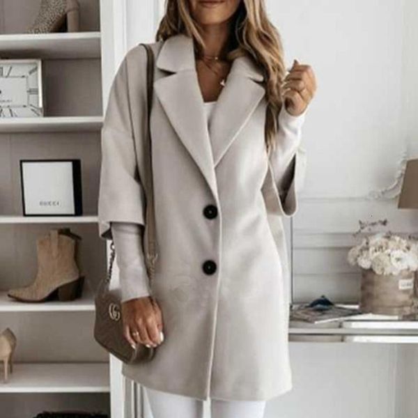 

elegant turn-down collar wool coats women autumn winter warm long sleeve button coat casual office ladies jacket plus size, Black