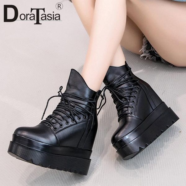 

boots doratasia fashion ladies genuine leather cross tied height increasing women party high heels shoes woman, Black