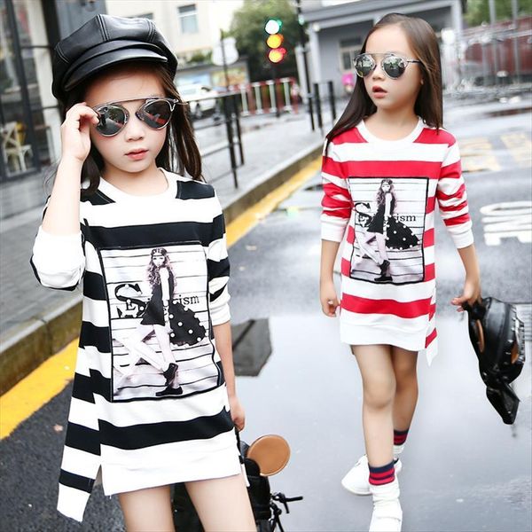 

spring fall girls clothes long sleeved round collar printing irregular stripe t shirt black red color 4 12 ages, Blue