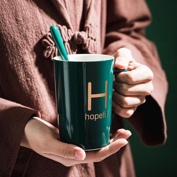 

mugs mug creative water cup with lid spoon printed letter ceramic simple coffee milk office gift for friend