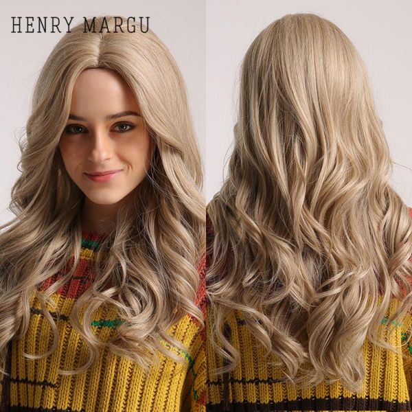 

synthetic wigs henry margu long wave blonde brown ombre natural daily for women middle part cosplay heat resistant hair wig, Black